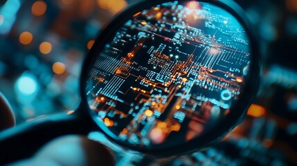 Poster - Close-up view of a hand holding a magnifying glass over a detailed circuit board, showcasing the intricate patterns, colors, and luminous components within a technological environment