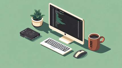 Poster - Isometric developer workspace with computer keyboard mouse coffee and plant for coding and programming
