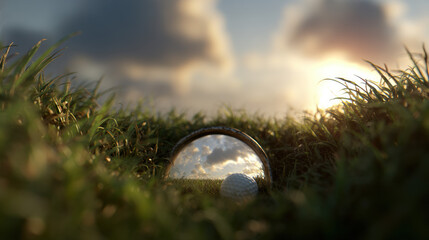 Wall Mural - a hyper-realistic lens view from the bottom of a golf cup, grass strands framing the edge, golf ball