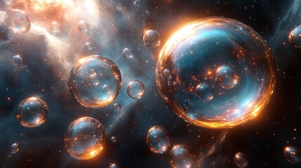 Wall Mural - a sea of iridescent bubbles floating in a vast space, each reflecting distorted glimpses of unknown 