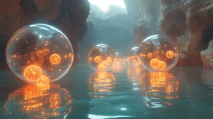 Wall Mural - a sea of floating orbs, each containing an entire universe within, suspended in a tranquil void of g