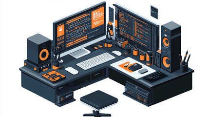Poster - Isometric developer workspace setup with dual monitors keyboard mouse and speakers for coding and design