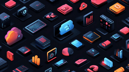Poster - Isometric technology icons design for cloud computing and data management on dark background concept art