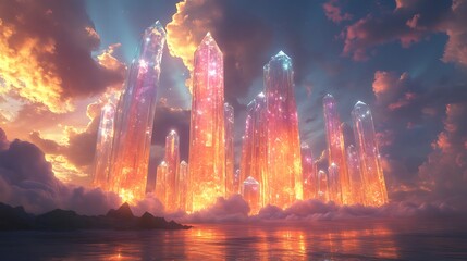 Wall Mural - a sky of radiant crystal formations, hovering in the stratosphere, refracting the light into a mesme