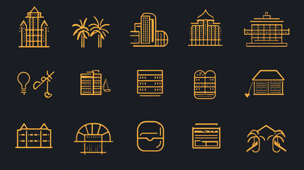 Poster - Architectural icons set vector design buildings palm trees and other elements in gold color on black background