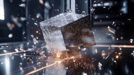 Fototapete - A futuristic digital representation of a floating cube emitting shimmering particles and light in a high-tech environment filled with glowing accents