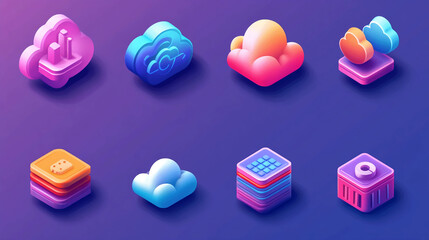 Fototapete - Isometric cloud computing icons set vector illustration for digital technology and data storage concept