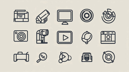 Fototapete - Icons set for design and web development with camera monitor and other elements vector line art style