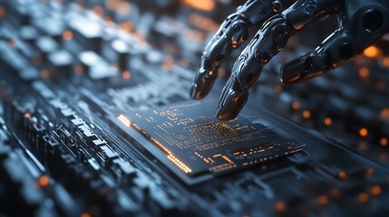 Poster - A futuristic robotic hand delicately interacting with an advanced microchip on a dark electronic circuit board, illuminated by soft glowing lights