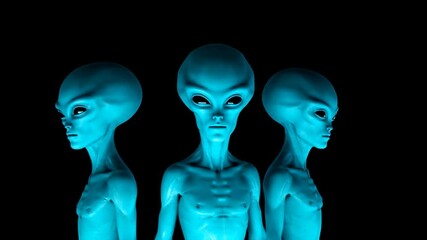 three blue extraterrestrial beings standing against a black background