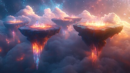 Wall Mural - a surreal dreamscape of floating islands, made of liquid prism-like textures, bathed in an ambient g