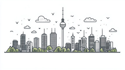 Poster - City skyline drawing vector illustration with buildings and trees in minimal style cityscape silhouette design