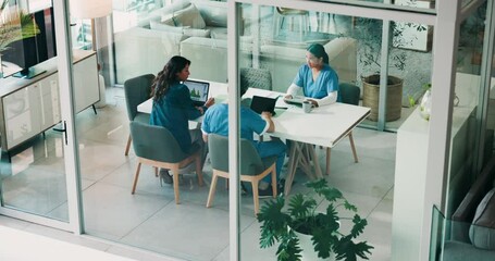 Poster - Doctors, meeting and discussion in boardroom at clinic, above and review with laptop, report and feedback. People, surgeon and nurse in team for planning with medical research in office at hospital
