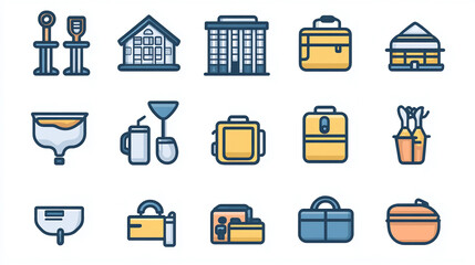 Poster - Vector icons set with buildings and bags for travel and business in flat design style for web and mobile ui