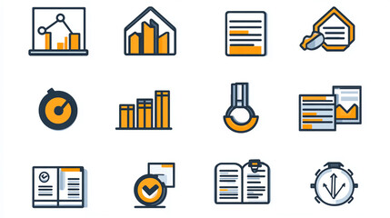 Poster - Business data analysis report icons set vector illustration for presentation and marketing strategy 100