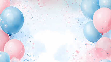 Wall Mural - Whimsical gender reveal party invitation with pastel pink and blue balloon arch shimmering confetti and delicate brush lettering on a soft watercolor background. Shimmering Inscription. Illustration