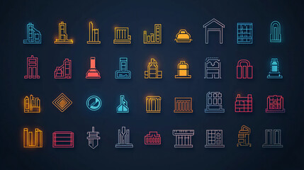 Poster - Neon building icons set architecture design vector illustration construction and urban elements 100