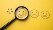 © shu_mad - Customer review satisfaction feedback survey concept to gather insights and improve its services. A magnifying glass focuses on smile face among different feedback emoticons on yellow background