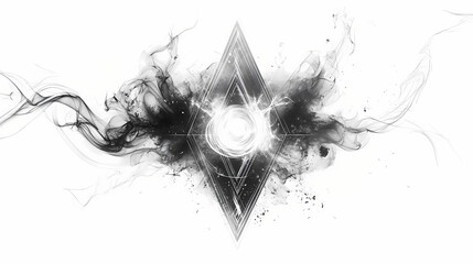 Wall Mural - arcane explosion of light particles luminous glyphs spinning within magical wisps white background. 