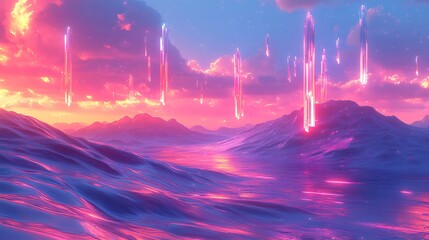 Wall Mural - a surreal landscape made of flowing liquid metal dunes, reflecting shifting neon gradients, under a 