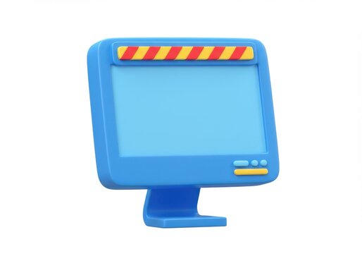 A blue computer monitor with a warning stripe on top edge