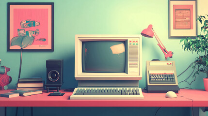 Poster - Retro computer setup vintage technology old pc desk workstation pink lamp speaker books art plant design