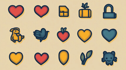 Poster - Cute vector icons set hearts gift lock animal bird leaf teddy bear for graphic design and web design