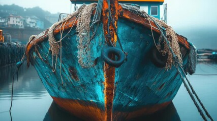 Poster - A small blue boat resting at the shore of calm waters, ideal for use in travel, adventure, or nautical themed projects.