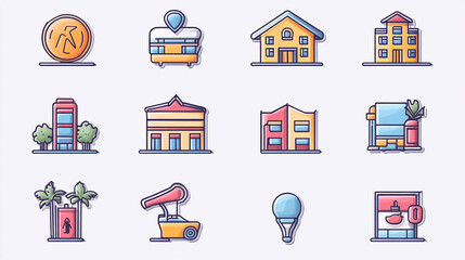 Poster - Cartoon building architecture vector icons set for city landscape and urban design elements concept