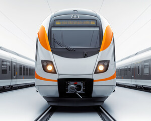 Poster - modern high-speed train on track with streamlined design and orange accents in minimalist setting