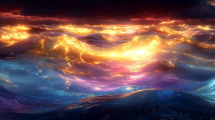 Wall Mural - a vast ocean of molten gold and sapphire fluid rippling under an unseen force, creating endless wave