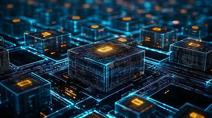 Fototapete - Abstract Digital Network Of Glowing Cubes
