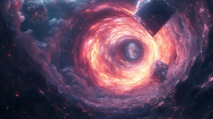 Wall Mural - a vortex of swirling prismatic energy, distorting space and time, surrounded by geometric floating s