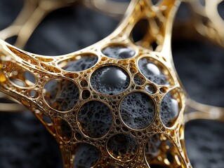 Golden intricate lattice envelops a textured black stone in a macro shot, showcasing the delicate and detailed metallic structure in contrast with the dark porous surface