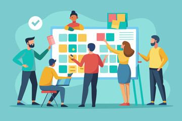 Teamwork planning and collaboration session with sticky notes on a board and team members involved