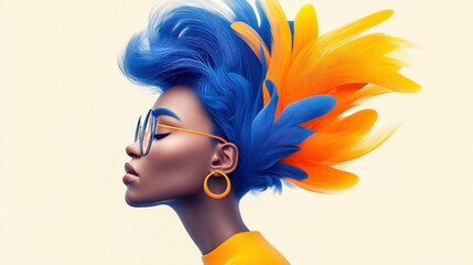 Poster - Profile portrait of a woman with striking blue and orange feathered hair, and glasses.