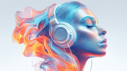 Poster - A woman's profile with headphones, surrounded by colorful flowing abstract elements, listening to music.