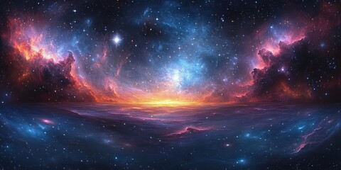 Wall Mural - Vibrant Cosmic Nebula Panorama with Swirling Galaxies and Distant Starlight
