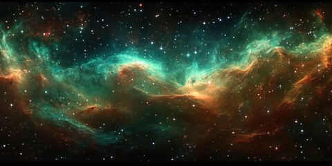 Wall Mural - Cosmic Nebula and Stellar System in Digital Art Vibrant Greens and Reds Wide Panoramic Composition