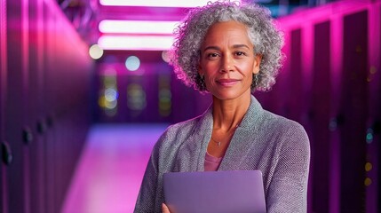 Poster - A smiling senior woman confidently holds a laptop in a modern data center environment.