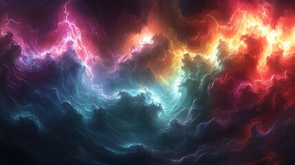 Wall Mural - an abstract storm of prismatic energy, crackling lightning arcs across liquid metal clouds, colors s