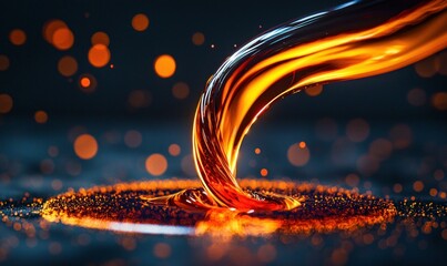 Poster - Golden liquid gracefully pours, creating shimmering ripples and a captivating abstract design with glowing bokeh.