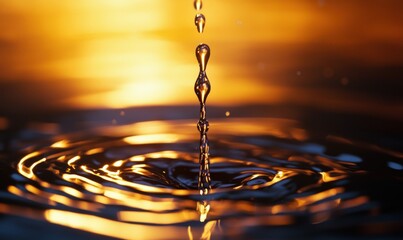 Poster - Close-up shot of water droplet hitting the surface, creating a splash and radiating ripples with golden reflection.
