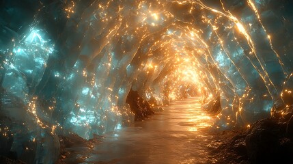 Wall Mural - an endless cavern of glowing, translucent ice structures, refracting soft prismatic light in every d