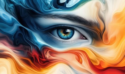Poster - An intense blue eye gazes out from a canvas of swirling abstract colors, drawing the viewer in.