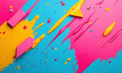Poster - Dynamic abstract background featuring vibrant pink, yellow, and turquoise paint splashes and sleek strokes.