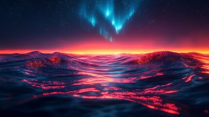 Wall Mural - an endless ocean of liquid glass, rippling with waves of glowing neon circuitry, reflecting a futuri