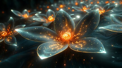 Wall Mural - an endless sea of metallic petals, each glowing softly with bioluminescent energy, forming a mesmeri