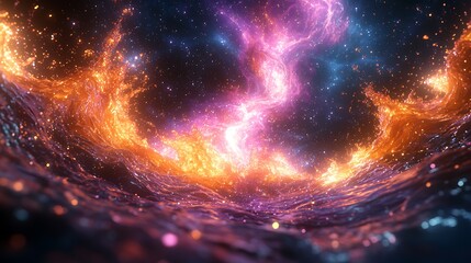 Wall Mural - an explosion of liquid metallic colors splashing across a vast dark void, forming intricate fractal 