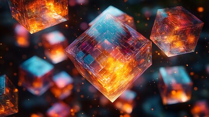 Wall Mural - an intricate matrix of floating, luminous cubes, each refracting surreal colors and patterns, formin